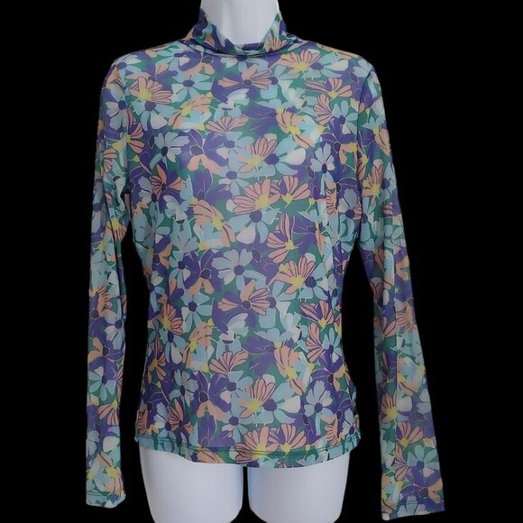 Maeve Tops - Maeve Water Color Disco Sheer Mesh  Mock Neck L-Sleeve Top S